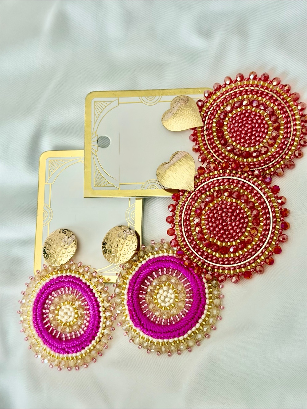 Handcrafted Women’s Beaded Hoop Earrings - Pink & Red